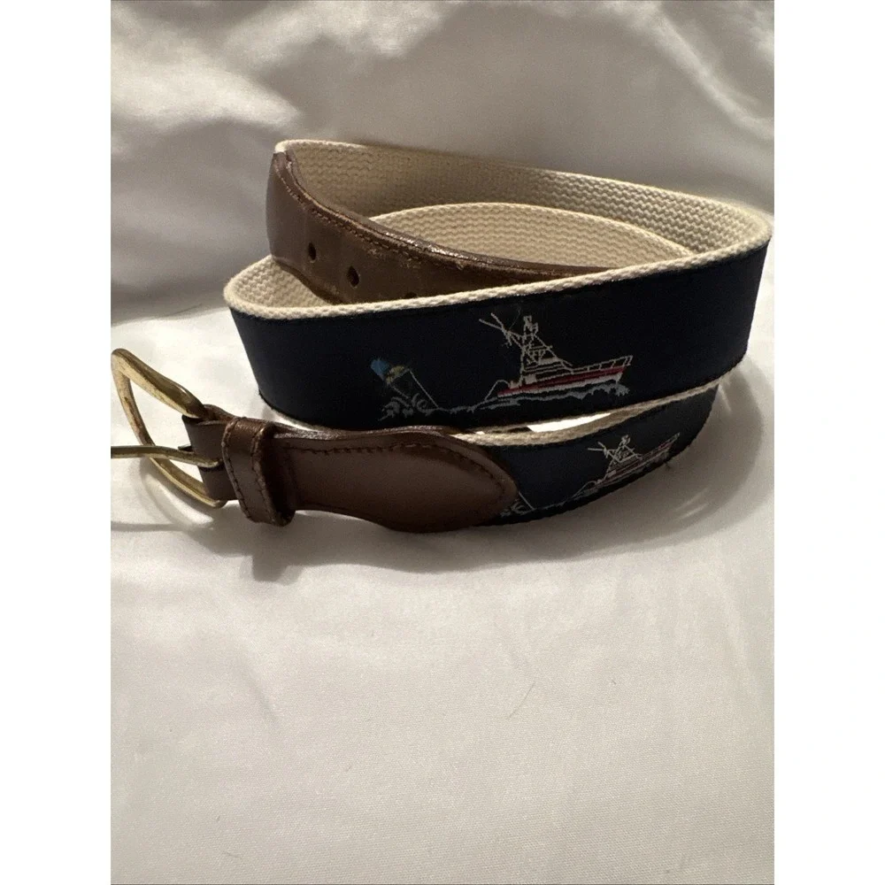 LEATHER MAN LTD‎ Belt Mens Sz42 Gamefish Navy Ribbon Leather Canvas Brass 1.25